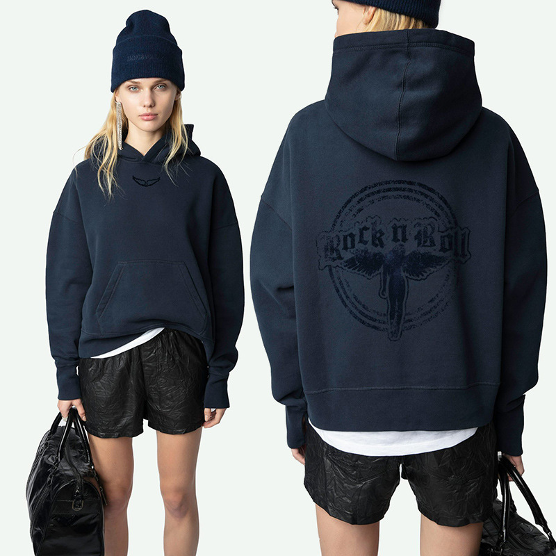 25 Spring New French Niche Zv Front Wing Print Angel Flocking Fleece-Lined Women's Hooded Sweatshirt
