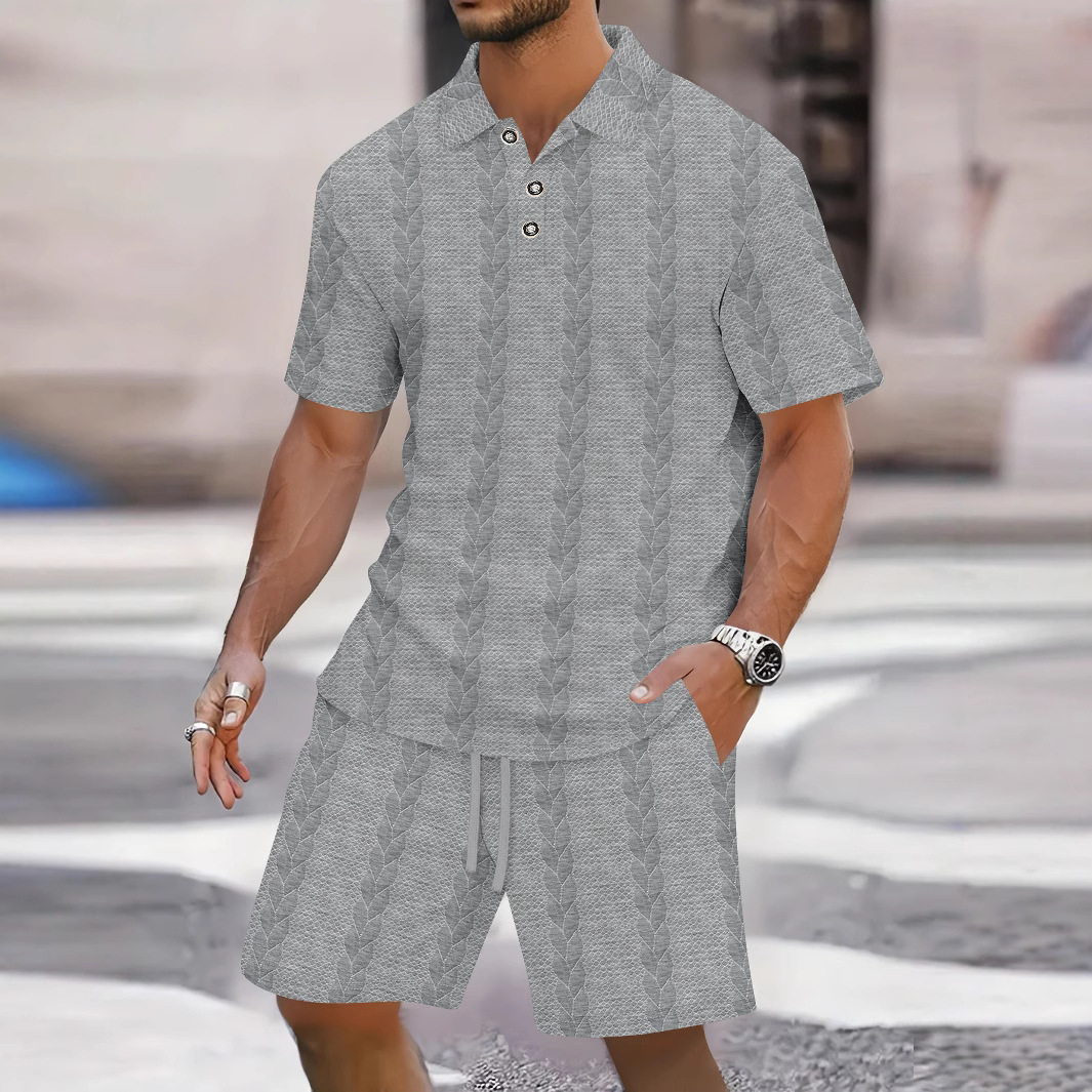 Europa y América Transfronterizo Amazon Color sólido jacquard verano casual solapa botones pantalones cortos de manga corta traje deportivo para hombre