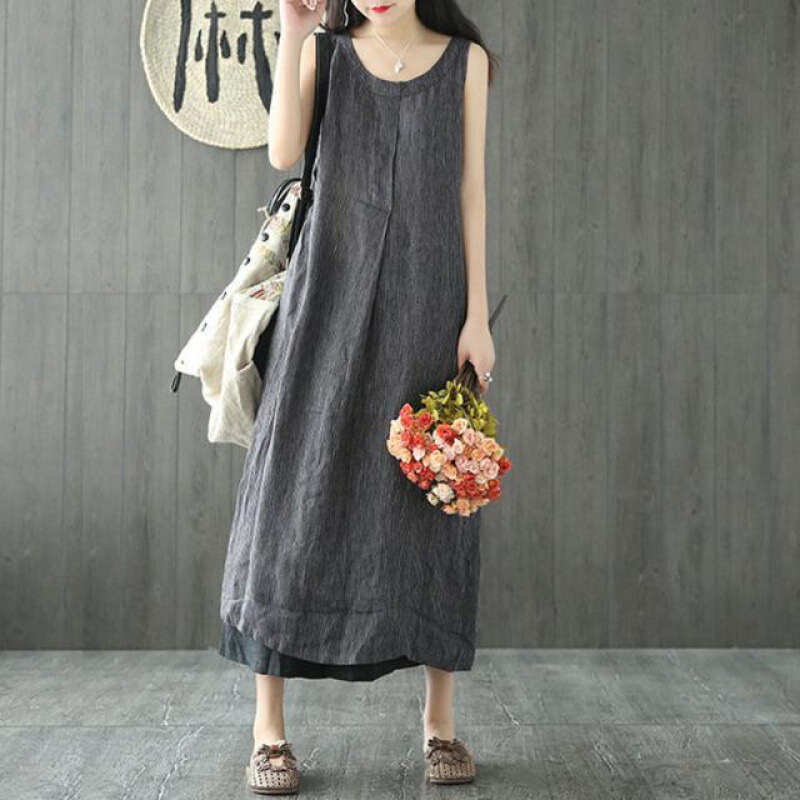 Striped Cotton and Linen Dress Artistic Large Size Loose Linen Blend Sleeveless Vest Long Skirt