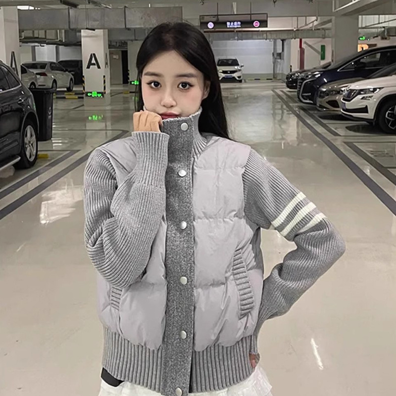 小个子穿搭针织拼接羽绒棉服女短款TB冬季休闲外套女立领棉衣加厚|undefined