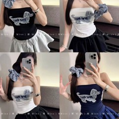 66022#设计感格纹贴布绣小狗吊带女2025新款百搭短款上衣潮