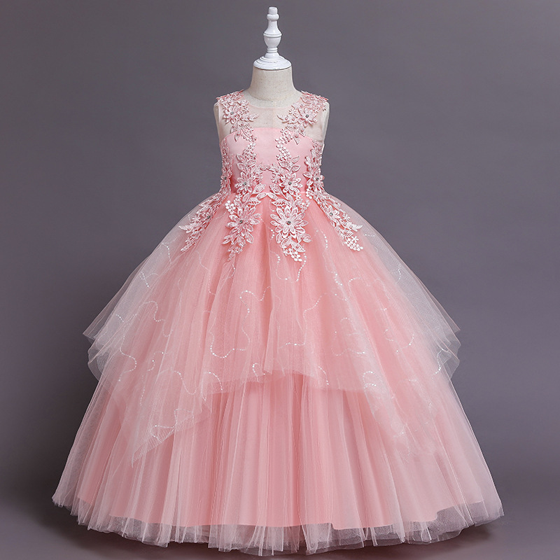 Flower children's lace dress in stock girls' long princess dress mesh skirt children's dress