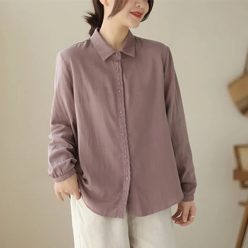 2025 Spring Design Focused Niche Cotton Linen Women's Lace Splicing Plain Color Loose Long Sleeve Cardigan