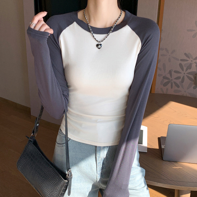 QY806 女性のラグラン Tシャツ女性の長袖黒スプライシングスリムトップ夏のホットガール Tシャツラウンドネックカジュアルウェア|undefined