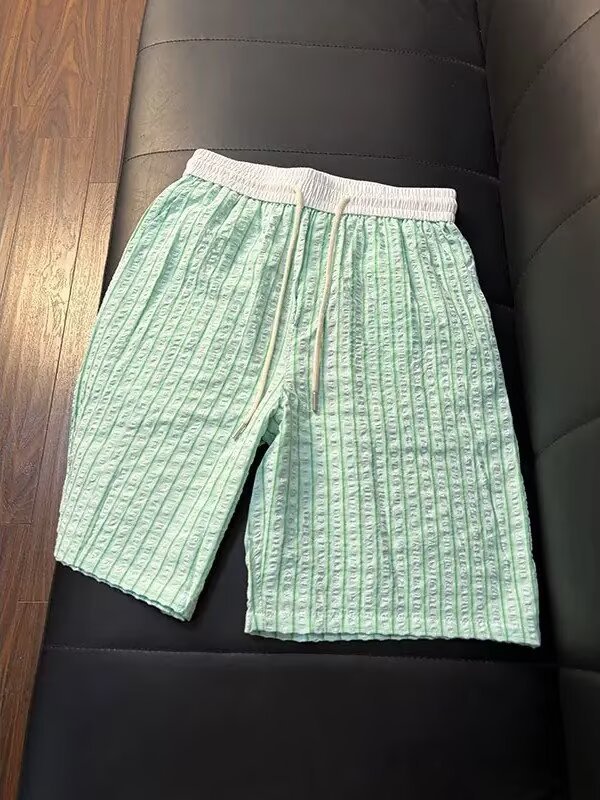 Men's Thin Seersucker Ice Silk Plaid Quick Drying Beach Shorts Summer Athletic Capri Pants_viptrois.com