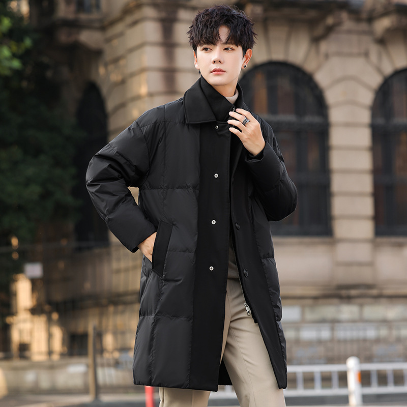 Special clearance 2024 new fashion simple light luxury long trench coat fake two 90 white duck down jacket men