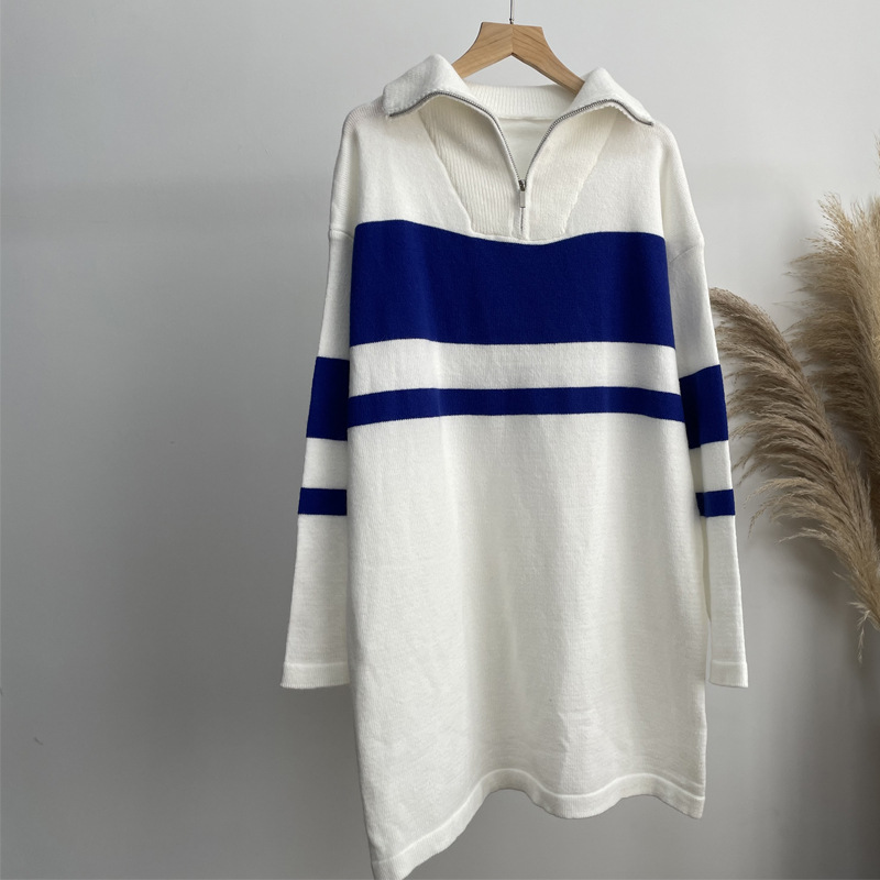 Long Zipper Pullover Women Loose Soft Knitted Long Sleeved Dress Color Contrast Patchwork Top Women