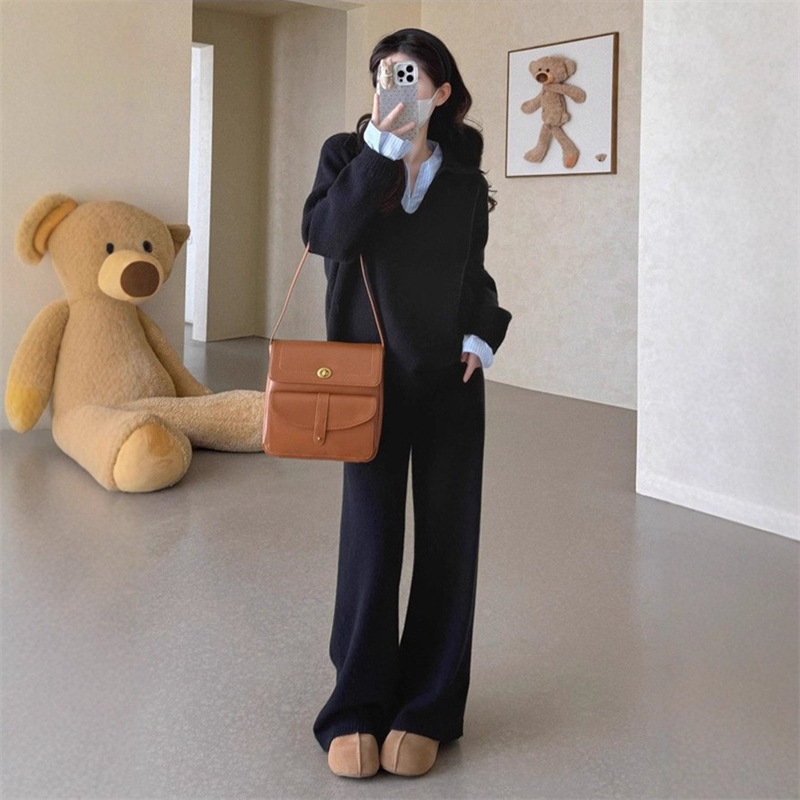 时尚慵懒风针织套装女秋冬季新款衬衫拼接假两件毛衣阔腿裤两件套|undefined