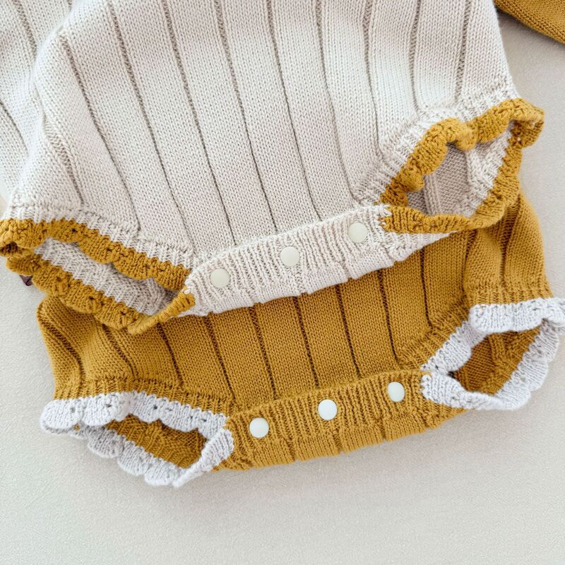 イン春と秋のソフトコットン三角形ロンパース女の赤ちゃんレース襟刺繍リボンパフスリーブワンピースロンパース|undefined