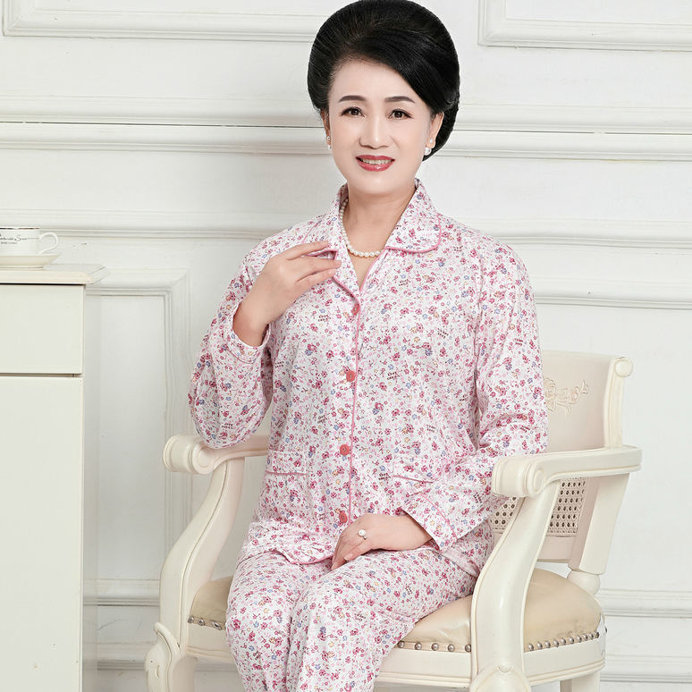 [Plus size] mamá de mediana edad y ancianos pijamas de manga larga de las mujeres de edad avanzada primavera y otoño ropa de hogar traje de Cardigan de verano