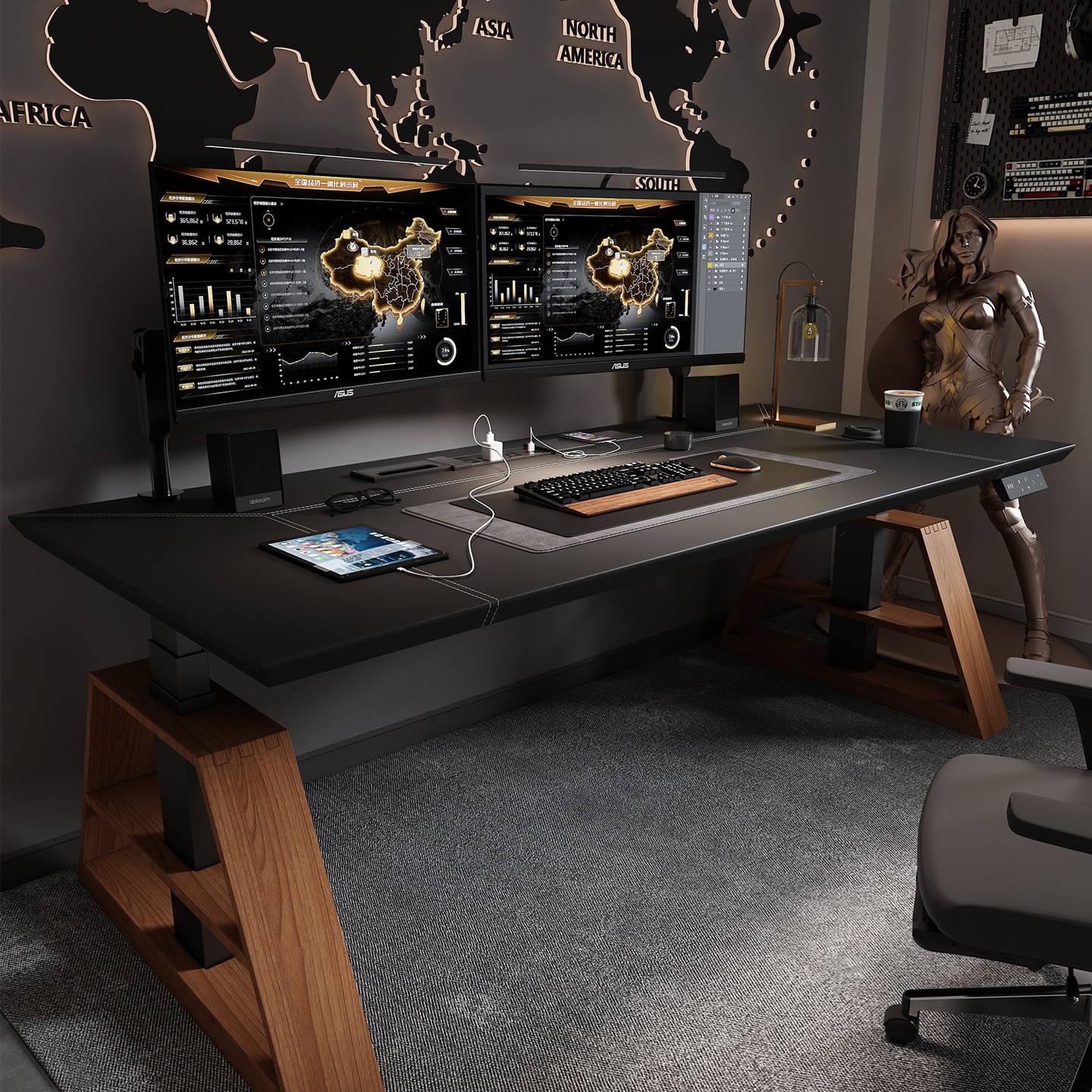 电动升降桌腿工作台家用电脑桌子升降马鞍皮岩板加长电竞办公书桌