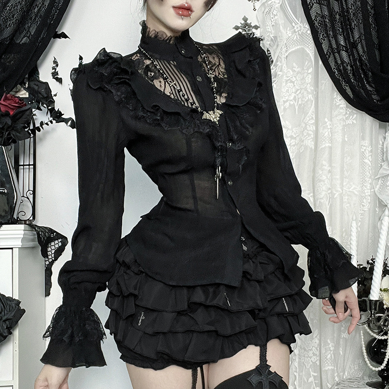 Cf25242 Dark Lace Cut Out Long-Sleeved Top 2025 New Gothic Style Cos Halloween Slim Shirt