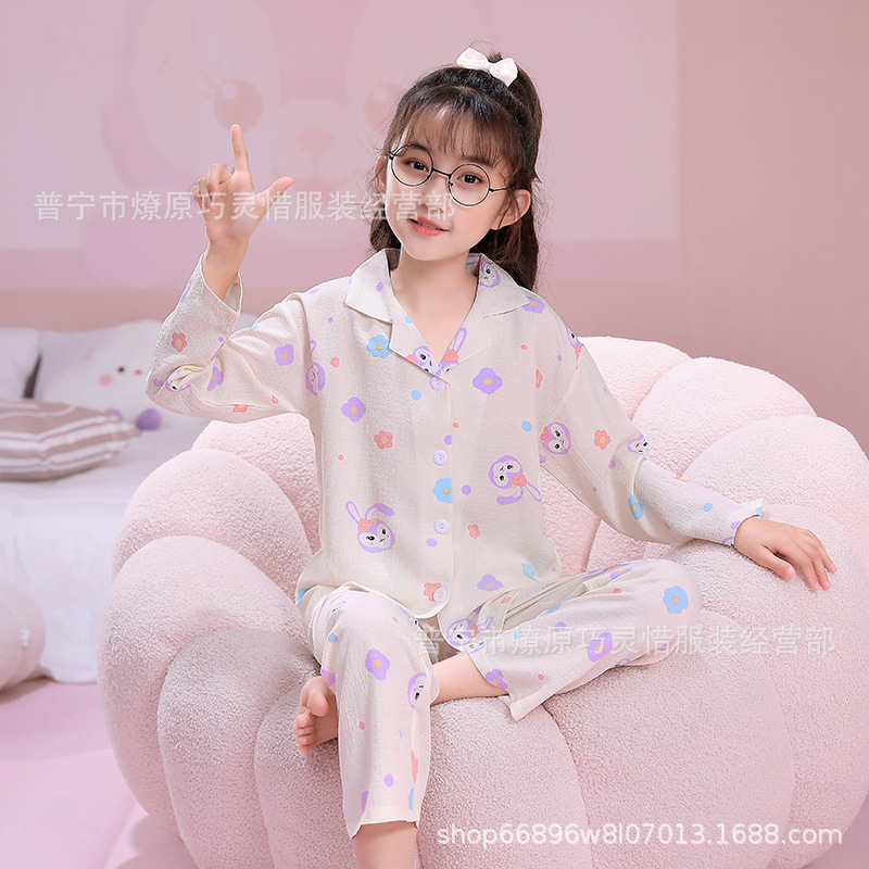 Pijama de niñas primavera y otoño dibujos animados tela espuma de tela delgada manga larga lindo ropa para niños de tamaño medio y grande ropa para el hogar