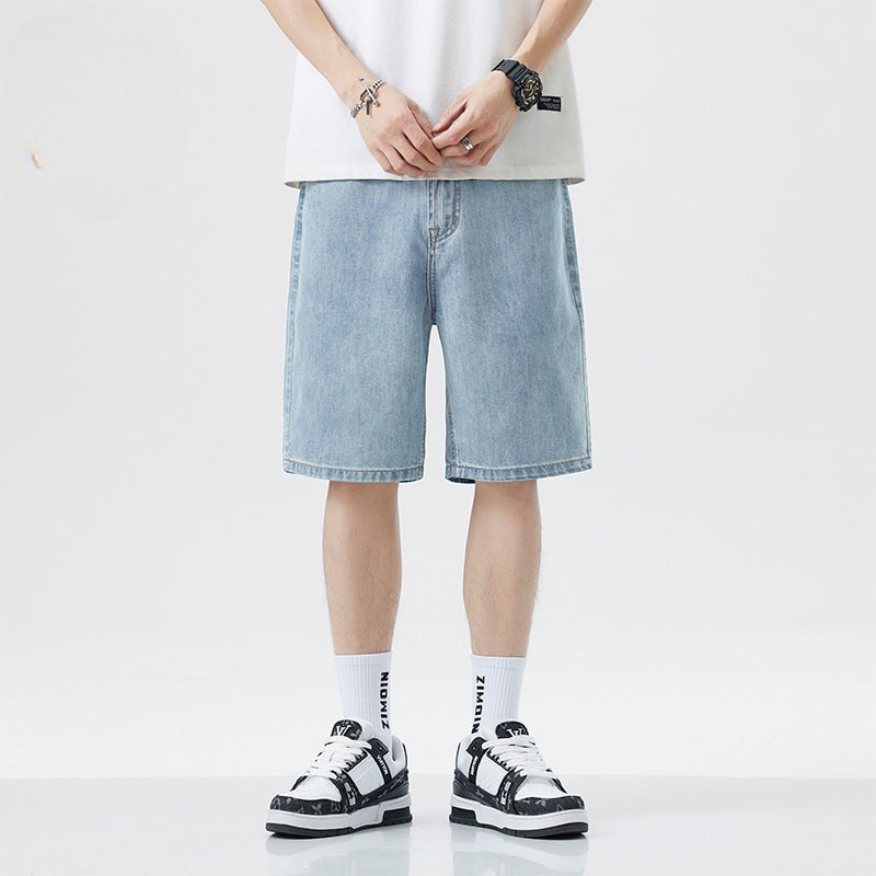 夏用の薄いメンズ快適なデニムショートパンツ、ルーズストレートレッグ5分丈パンツ、特大のルーズシンプルショートパンツ|undefined