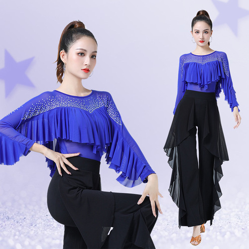 Jitterbug clothing women's new diamond-encrusted ruffle dance costumes ballroom dance square dance practice clothes Latin dance tops