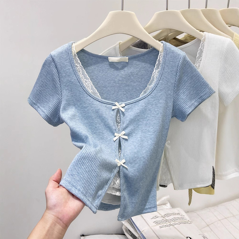 Summer New Style Pure Desire Sweet and Spicy Short Design Fake Two-Piece Bow Lace U-Neck Short-Sleeved T-Shirt Women's Tops Trendy