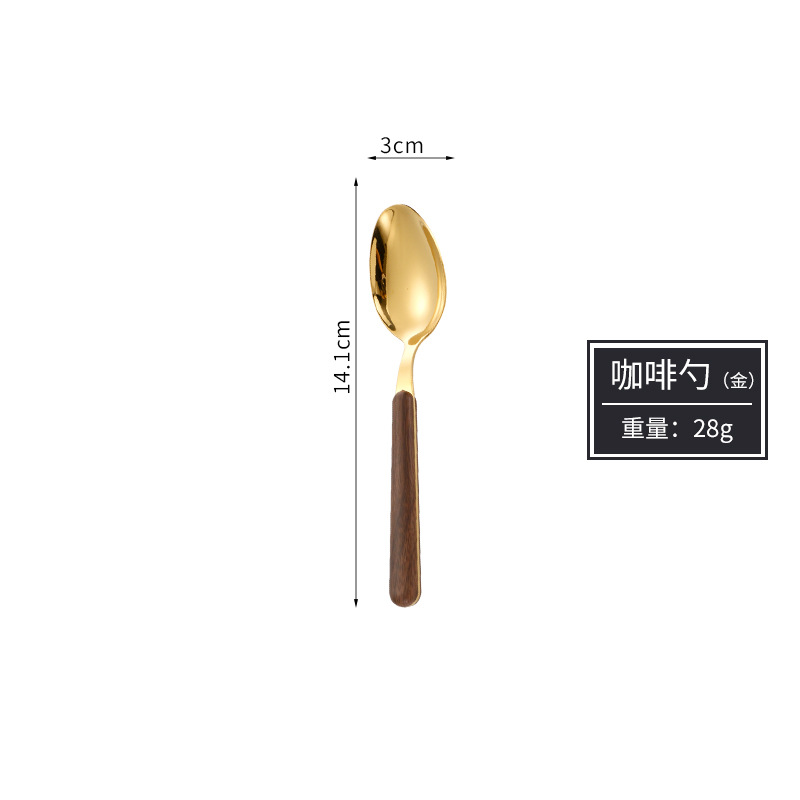 Celebridad de Internet transfronteriza ins imitación mango de madera filete cuchillo de acero inoxidable, tenedor y cuchara grano de madera Hotel cuchara chapada en oro vajilla de acero inoxidable