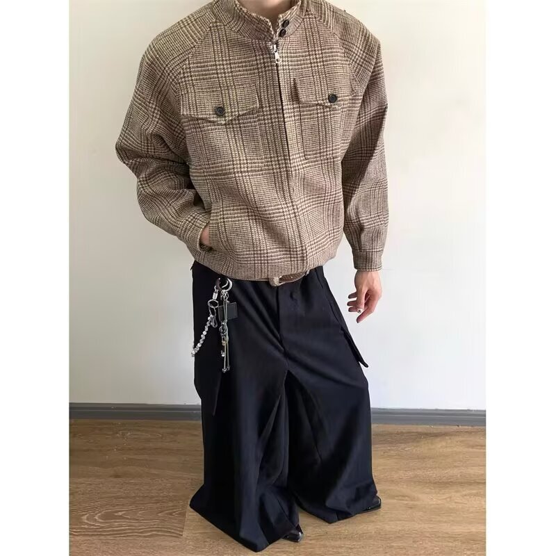 Vintage American-Style Houndstooth Wool Coat Fashion Cool High-End Casual Trendy Men's Jacket Brown