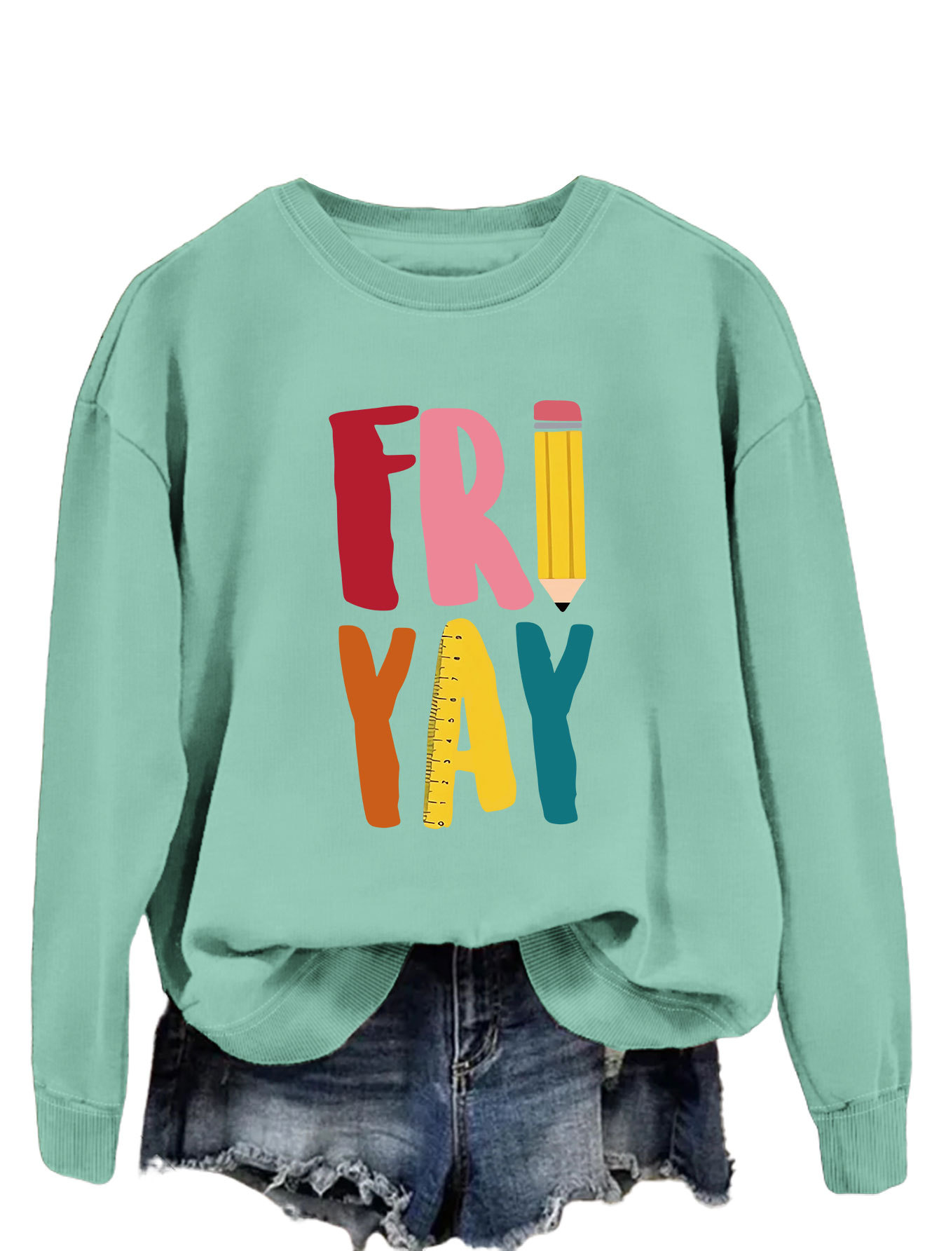 Estación independiente de moda Suelta todo fósforo superior FRI YAY lápiz divertido carta de impresión camisa de manga larga de las mujeres suéter