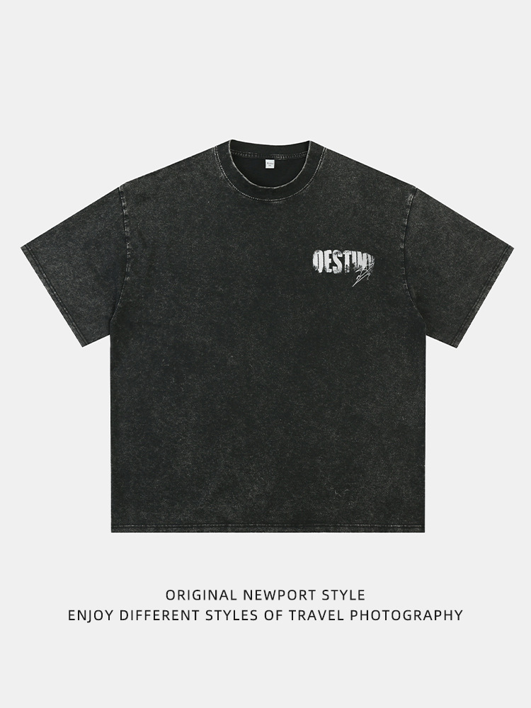 スノーフレークウォッシュ半袖Tシャツメンズ夏新作ブロークンテクスチャレタープリント半袖日本製ルーズTシャツq