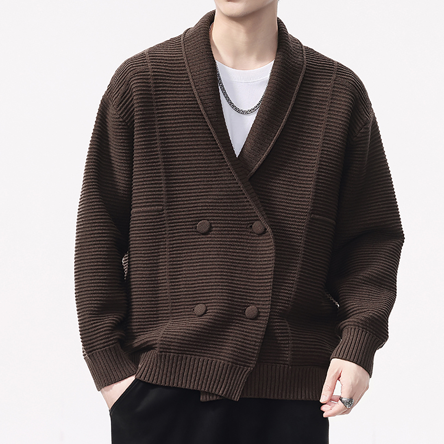 Cardigan de punto de doble botón hombre otoño invierno suéter casual negro marrón marca doméstica de primera y segunda línea China