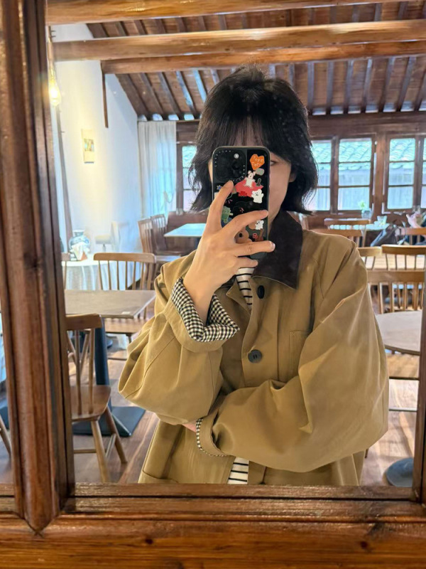 复古撞色格纹小个子风衣外套女2025秋季新款宽松百搭巴恩风大衣新|undefined