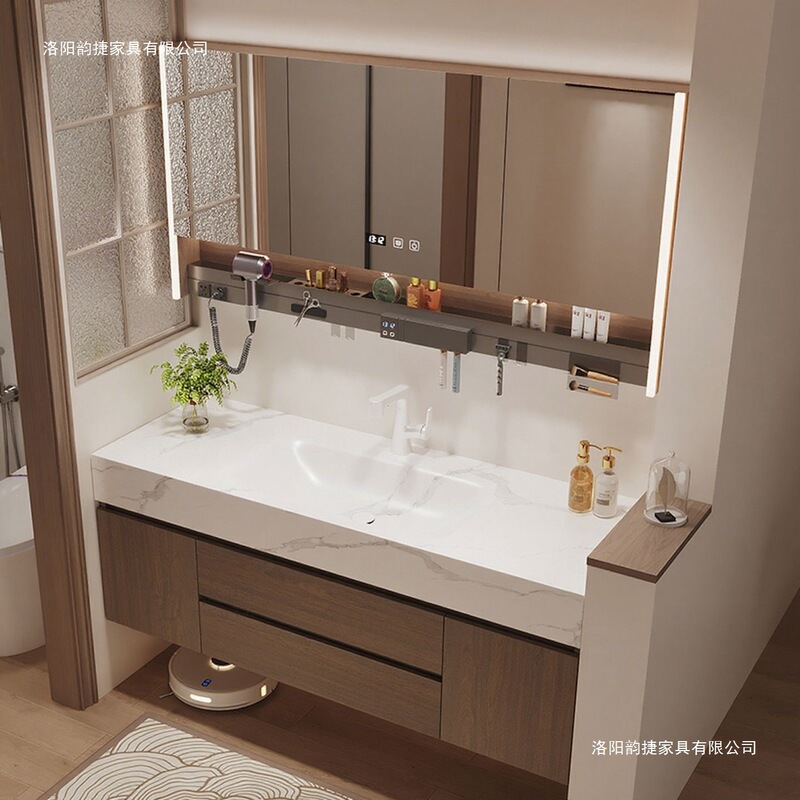 Medieval-Style Washbasin Bathroom Cabinet, Walnut Wood Bathroom Vanity with Integrated Hot-Bent Rock Slab Basin, Washbasin Cabinet Combination Bathroom Cabinet Medieval-Style Washbasin Bathroom Cabinet, Walnut Wood Bathroom Vanity with Integrated Hot-Bent Rock Slab Basin, Washbasin Cabinet Combination Bathroom Cabinet