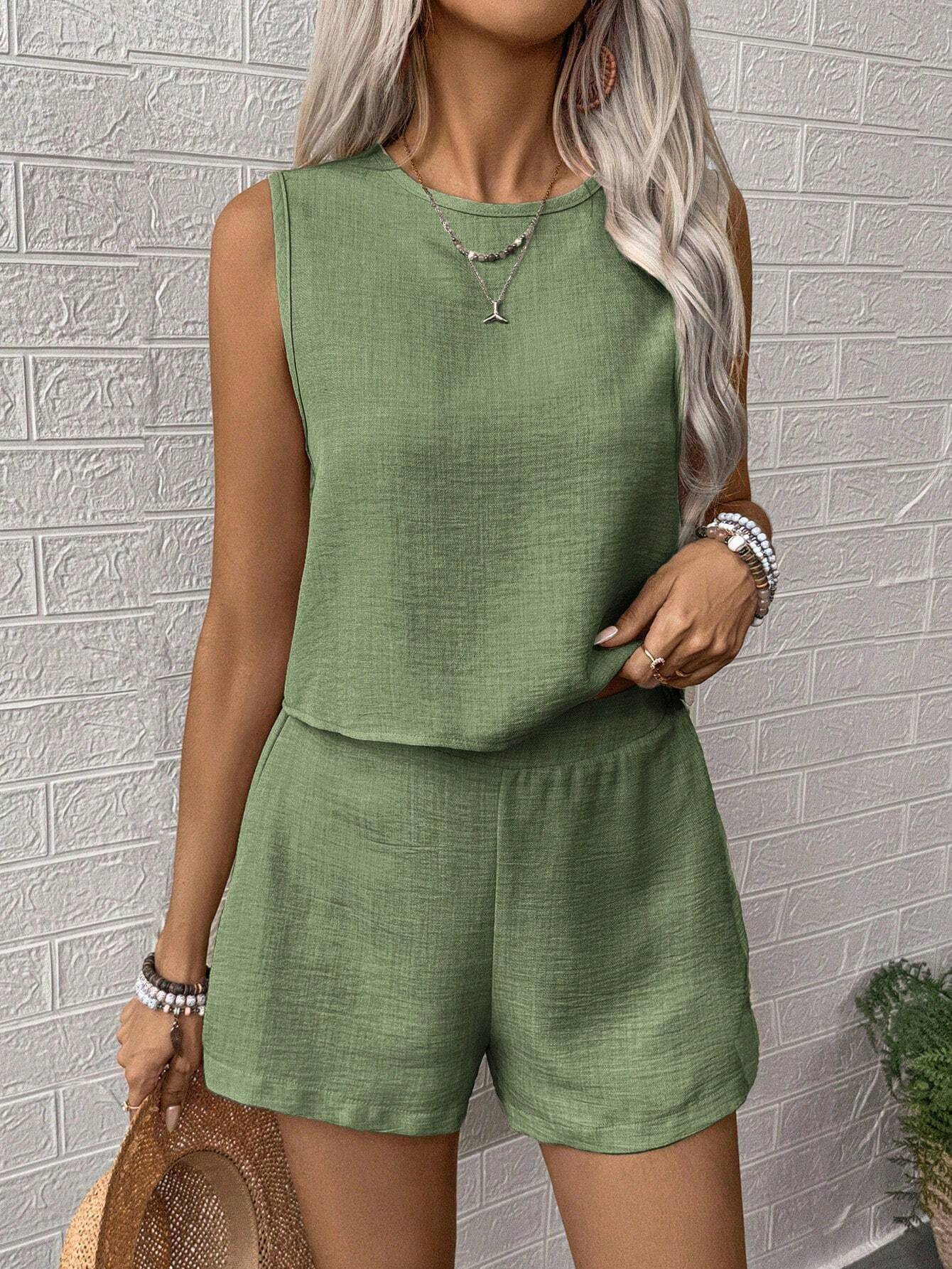 280g Weight Sleeveless Sleeve Length Polyester Fabric Type Shorts Co-ord Set Sets Type 2 Pieces Set Quantity Holiday Occasion Round Neck Neckline Comfort Function Regular Fit Fit Type Solid Color Pattern 2025 Spring and Summer Season Women's Gender Vacation, Simple Style Style Holiday Women's Vacation Simple Style Solid Color Polyester Shorts Co-ord Set Shorts Sets 26