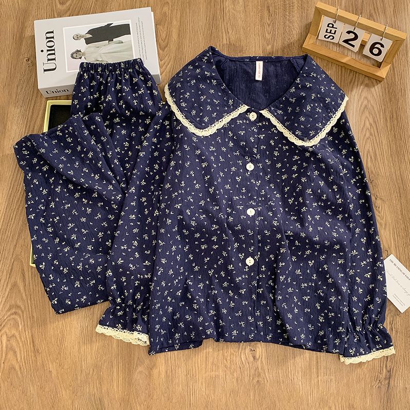 Cross-Border Wholesale Autumn New Cardigan Printed Long-Sleeved Pajamas for Women Doll Collar Fashionable and Cute Floral Home Clothes Sets