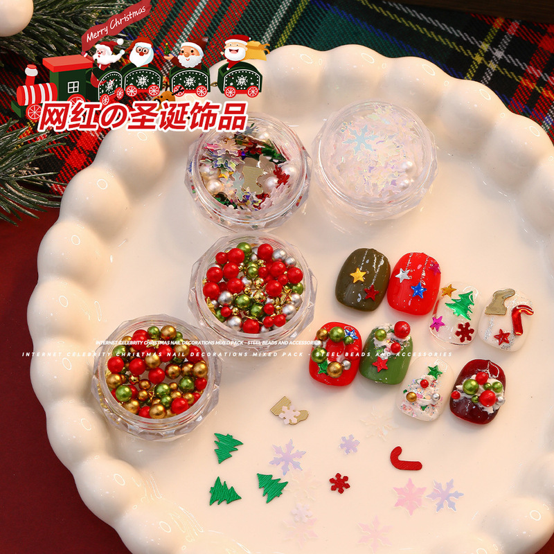 Nail Art Jewelry Mixed Stereo Christmas Gold and Silver Beads Alloy Bow Five-Pointed Star Sequin Nail Decoration Accessories