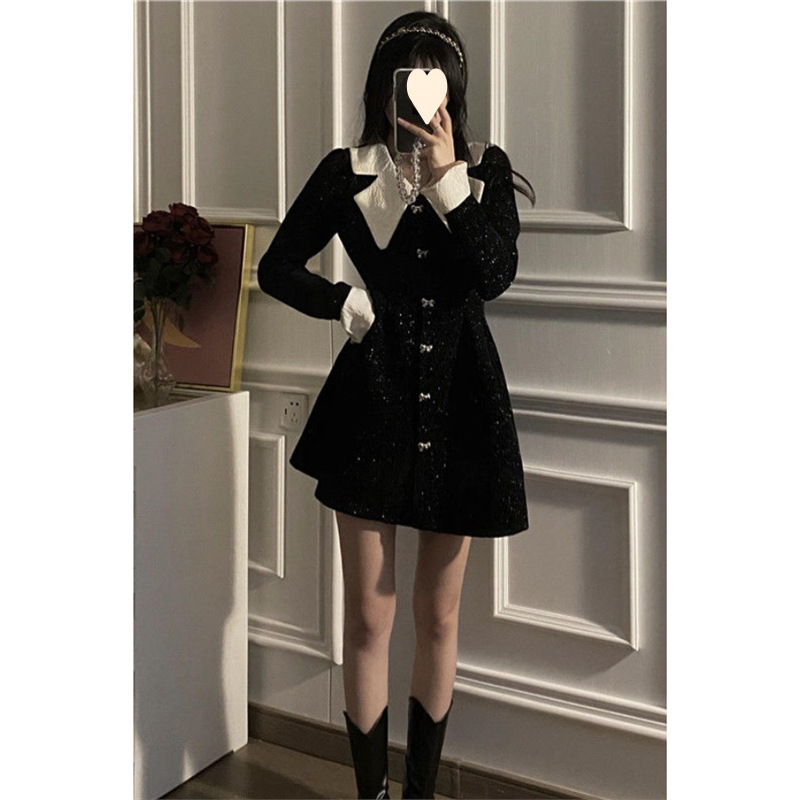 Lazyfendy丝绒公主 法式娃娃领收腰A字显瘦小黑裙连衣裙蓬蓬裙子