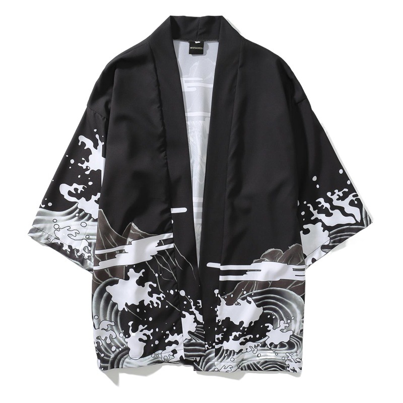 Estilo japonés retro oscuro ukiyo-e robe cardigan kimono hombres y mujeres estilo chino suelta 3/4 manga camisa abrigo moda