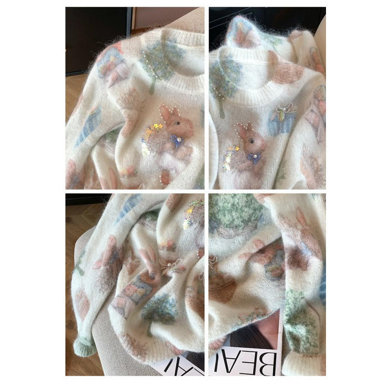 设计感小兔子钉珠印花马海毛毛衣女2025秋冬新款甜美软糯针织上衣|undefined