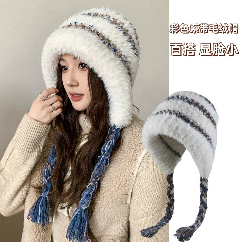 Зимняя теплая красочная плюшевая шапка с защитой ушей для женщин, универсальная ветрозащитная вязаная шерстяная шапка с флисовой подкладкой, утолщенная шапка-пуловер для езды на велосипеде.