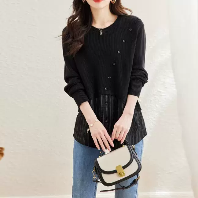 妈妈宽松遮屁股显瘦衬衫拼接假两件针织衫2025年春季新款上衣女