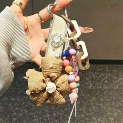 彩色串珠粉色布藝花朵包包掛件適用於手機包包鑰匙掛飾