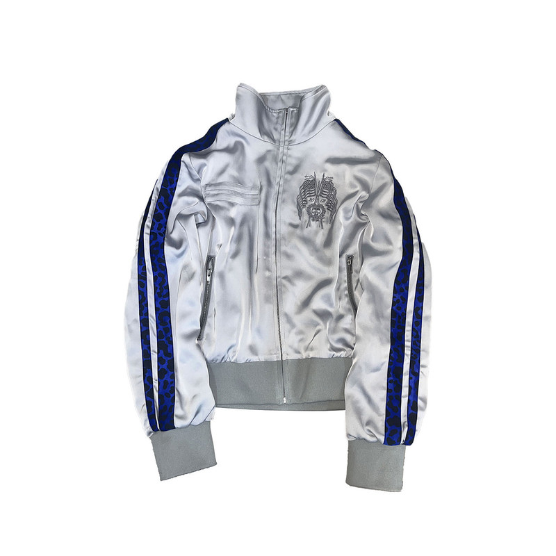 2020 in-stock satin blue striped short jacket, early autumn patchwork stand-up collar jacket, punk visual style top 2020 in-stock satin blue striped short jacket, early autumn patchwork stand-up collar jacket, punk visual style top