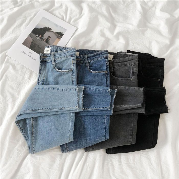 Leg Slimming Elastic Tight Black Gray Jeans Women's High Waist Nine-Point Pants 2025 New Versatile Raw Edge Small Pants