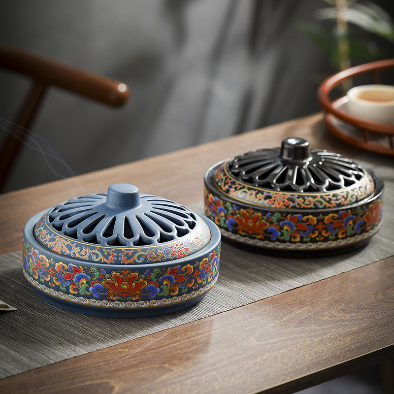 Large incense burner enamel sandalwood burner home aromatherapy stove plate mosquito incense burner home cloisonné aromatherapy 12 hours incense