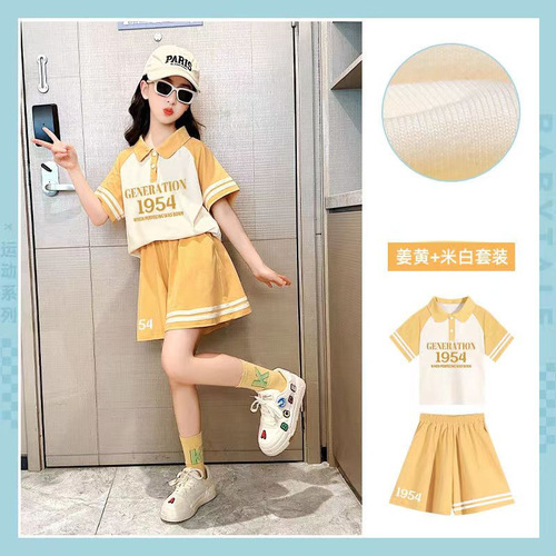 Girls Summer Thin Sports Suit 2023 New Medium and Large Children Girls Printed Polo Shirt Five-Piece Pants Two-piece Set