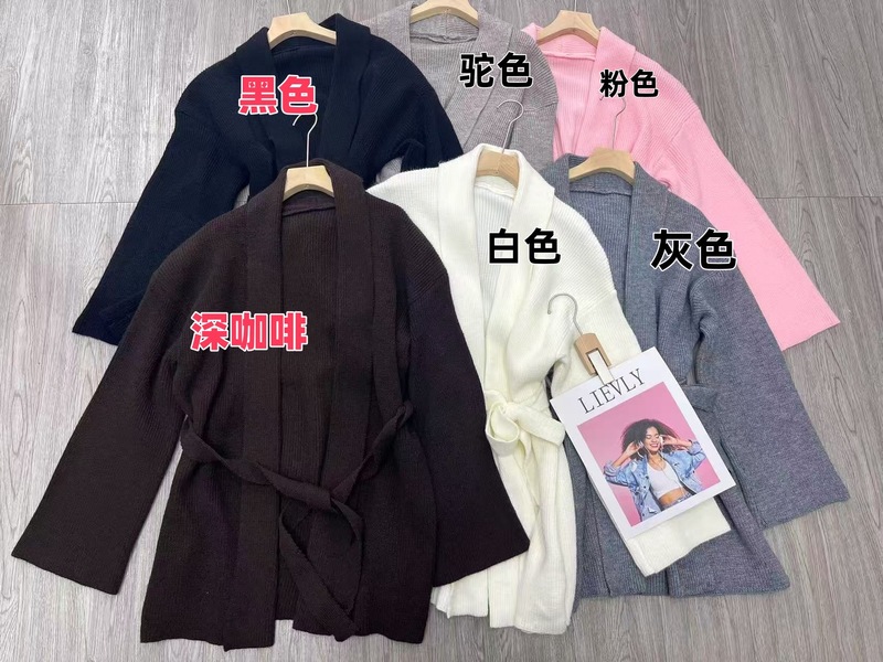 跨境欧美风纯色中长款针织衫毛衣女秋冬季和服系腰带针织开衫外套|undefined