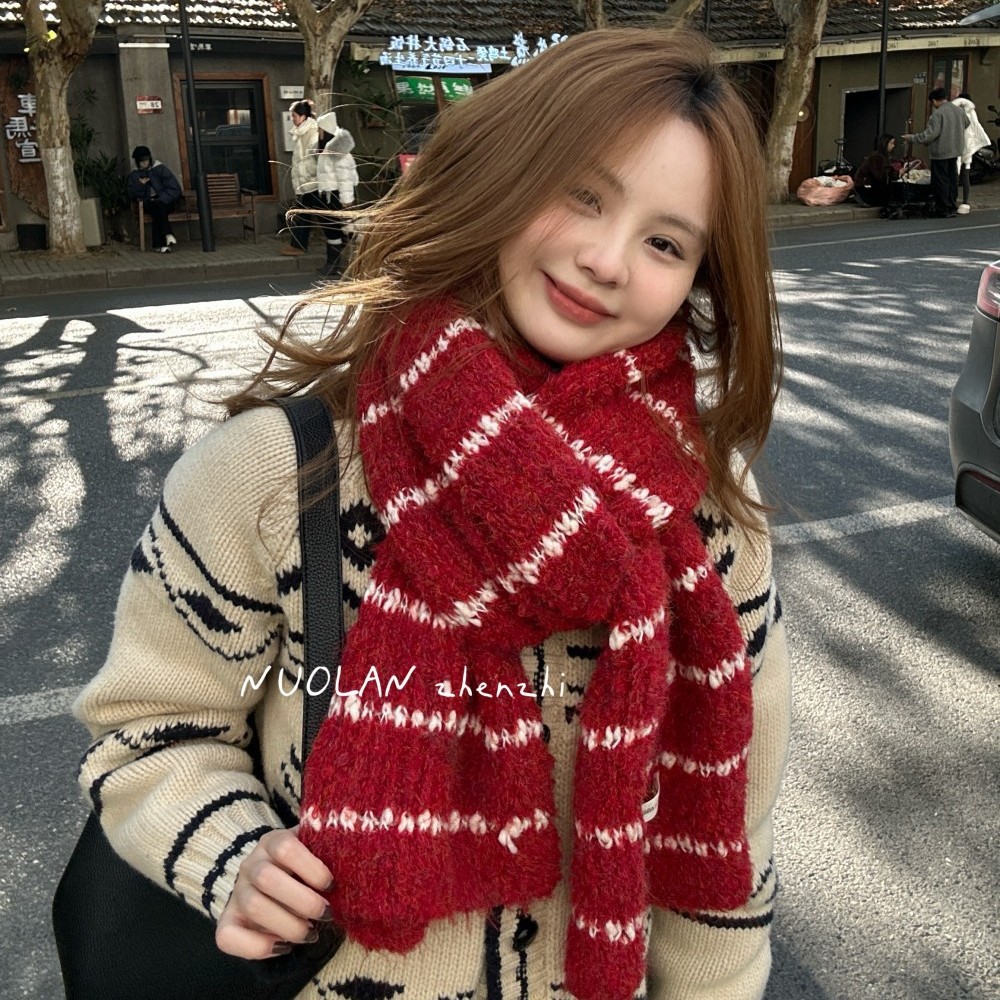 Retro New Year Christmas Red Striped Wool Blend Scarf for Women Winter Thickened Warm Atmosphere Neck Warmer Wholesale