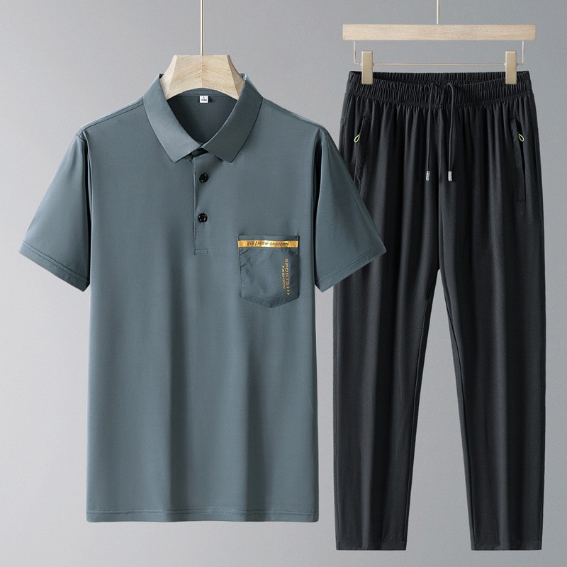 Traje de seda de hielo de verano, polo para hombre, traje casual de manga corta de solapa delgada de dos piezas, pantalones sueltos de secado rápido para hombre