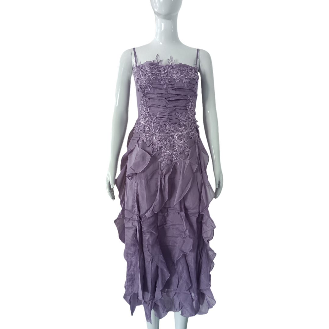 Women's Elegant Halter Belted Ruffled Heavy Embroidered Flowy Midi Dress – Spring Summer Gown_ecoleips.com