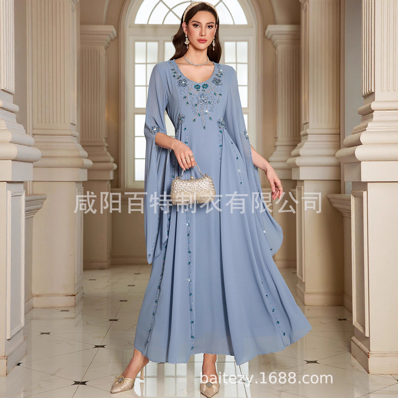 Limited Time Promotion Ba5180 Mist Blue Foreign Trade Clothing Robe with Hand-Beaded Long Skirt Fashion Dress