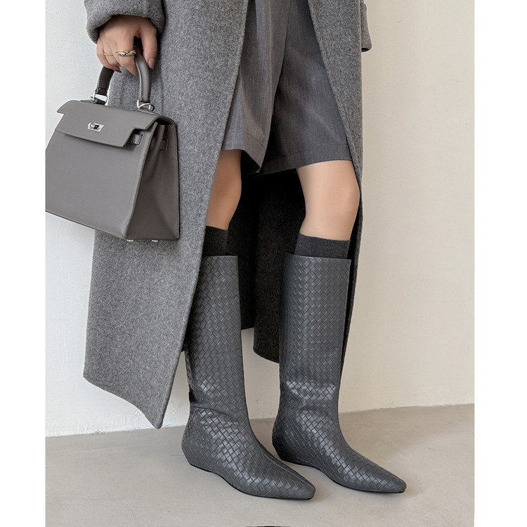 Wedge Knight Boots Women's Woven High Boots Autumn and Winter New Two-Layer Cowhide Square Toe Sleeve Knee-High Straight Boots
