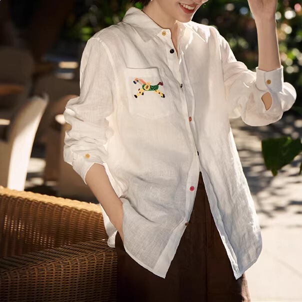 Old Money Style Linen Shirt with Rainbow Buttons, Breathable, Embroidered Pocket, Loose Fit, Women's Shirt, New for Spring/Summer 2026