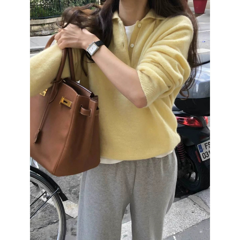 洋气百搭设计感女polo领套头秋冬新款宽松慵懒翻领针织羊毛衫上衣|undefined