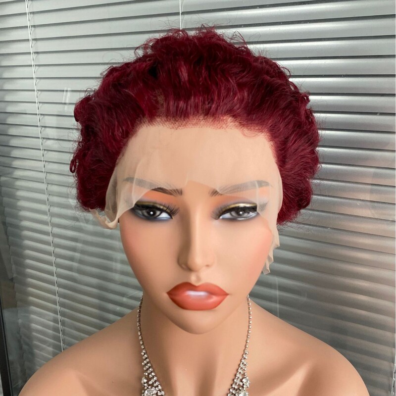 European and American Wig 13X4 Lace Front Wig 99J Fashion Elf Short Curly Human Hair Wig