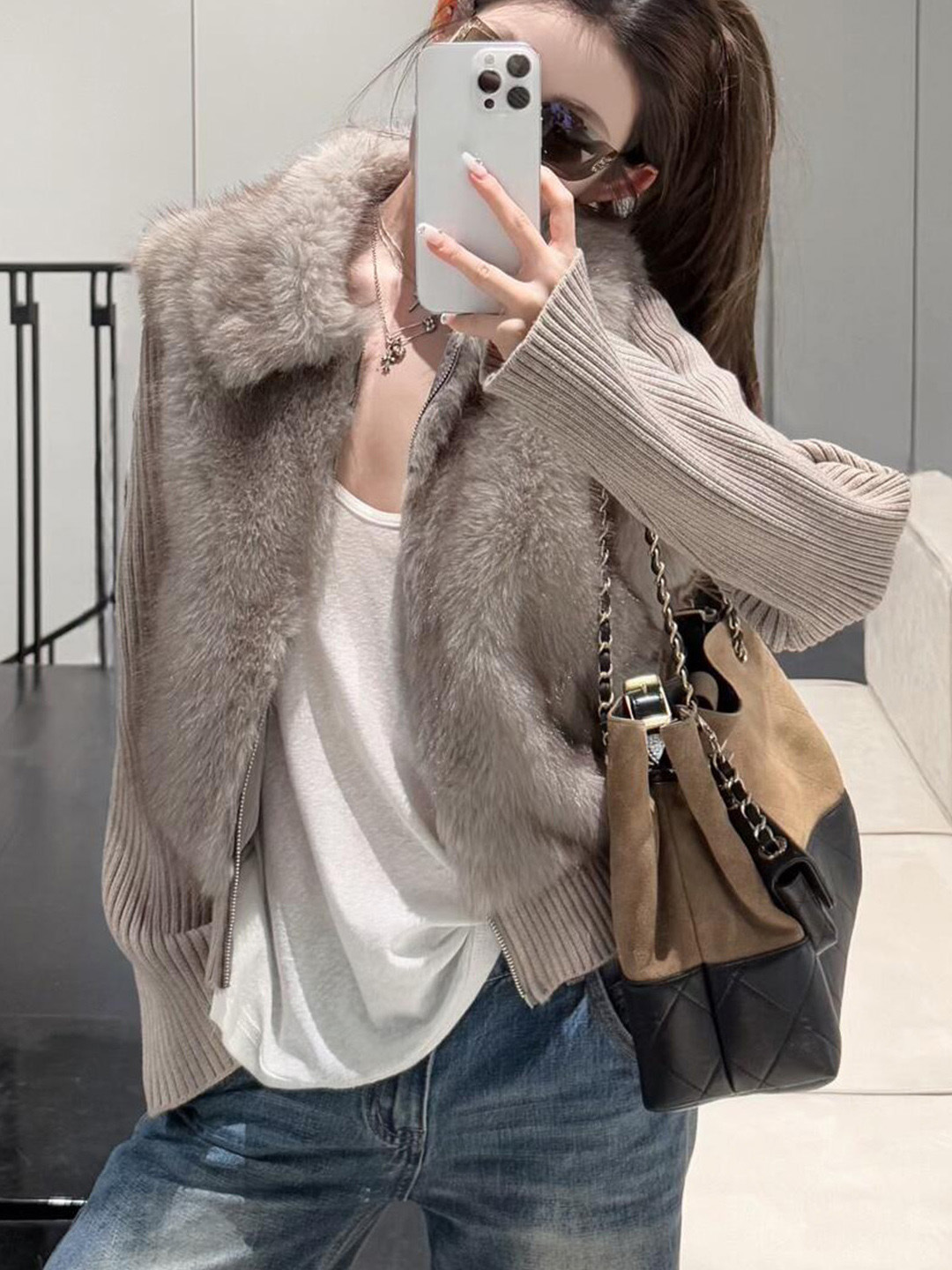 2025 Winter New Style Young Fashionable Environmentally Friendly Fur Outwear Women's Short Knitted Sleeves Detachable 3